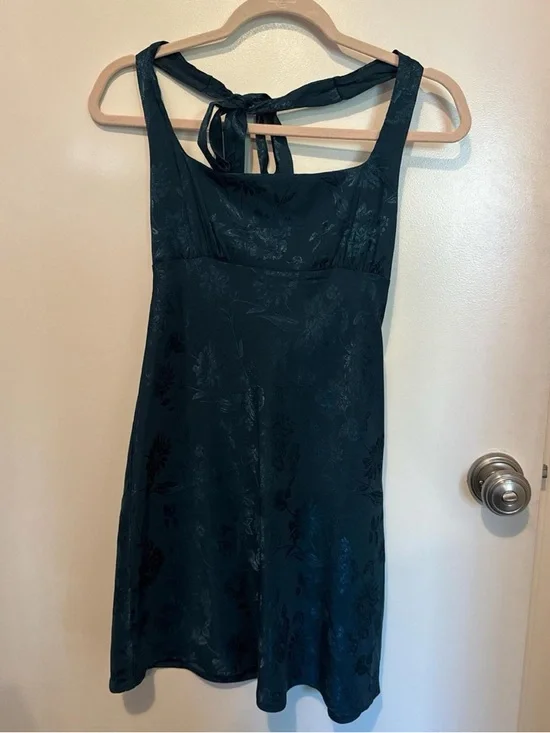 Dark Green Floral Satin Tie-Back Halter Dress - Picture 1 of 5